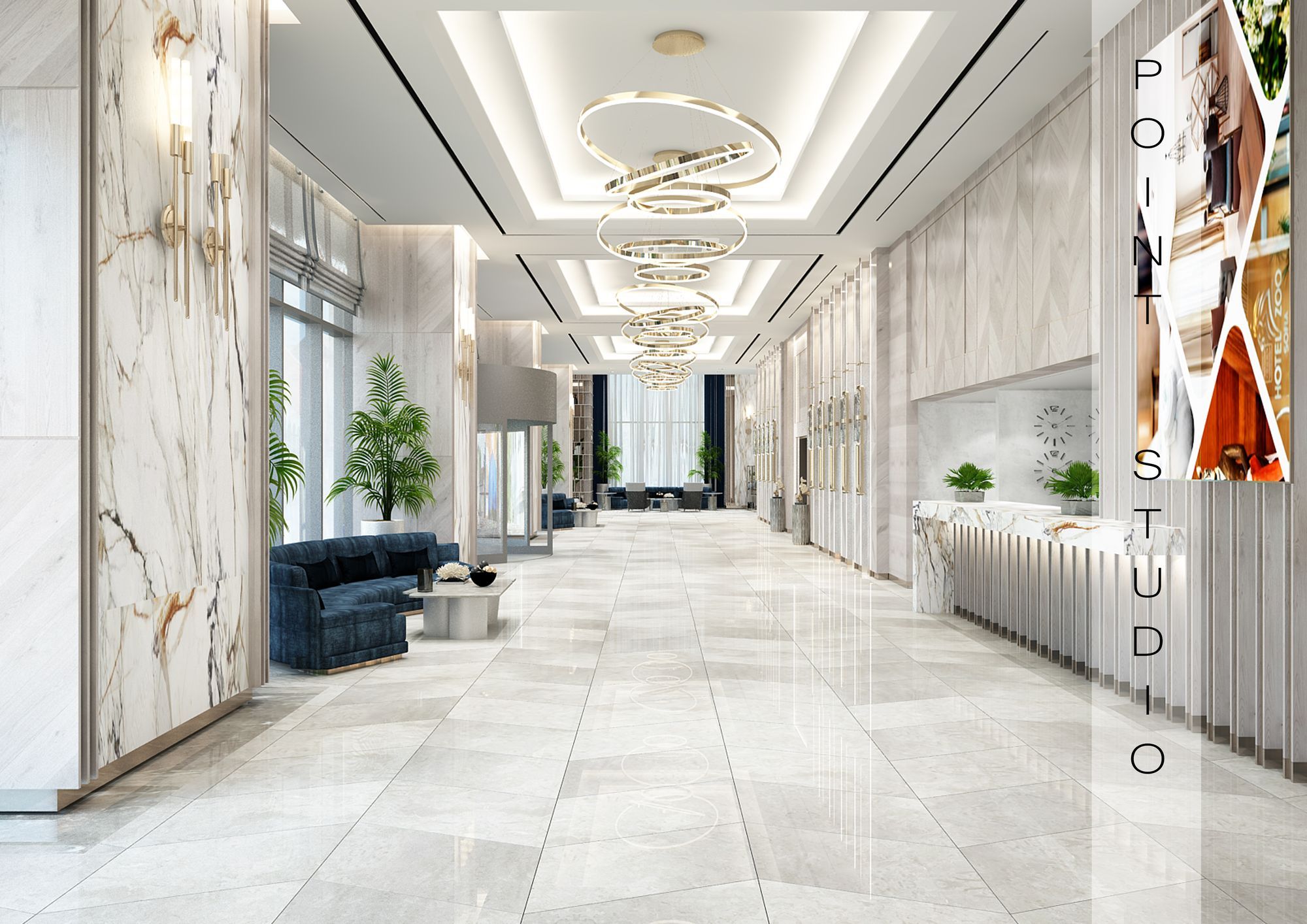 Hotellobby mit Marmorwänden und Ringleuchter